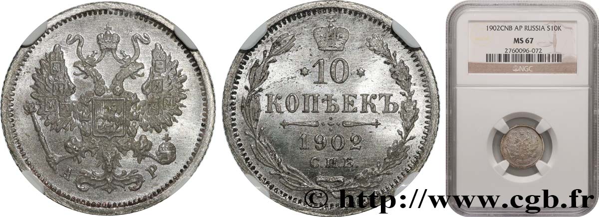 RUSSLAND - NIKOLAUS II. 10 Kopecks 1902 Saint-Petersbourg ST67 NGC
