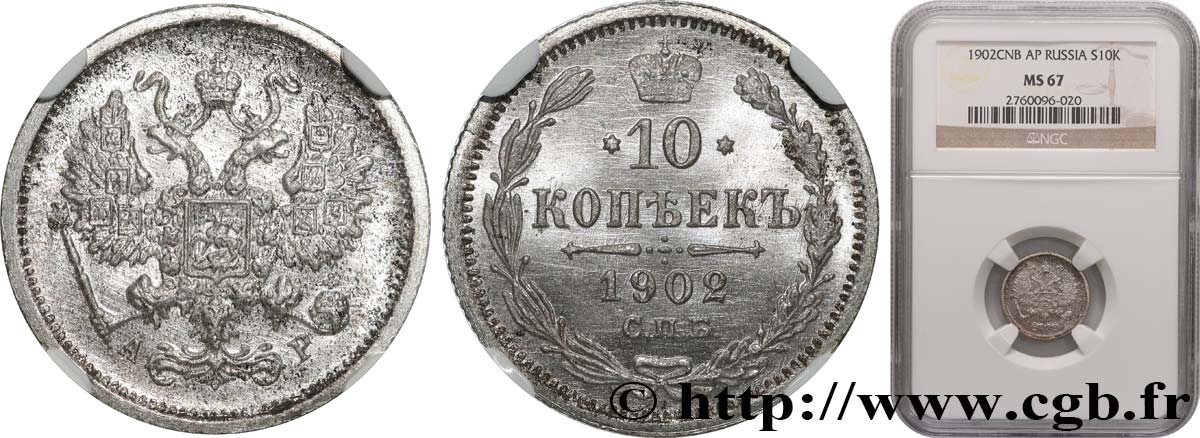 RUSSLAND - NIKOLAUS II. 10 Kopecks 1902 Saint-Petersbourg ST67 NGC
