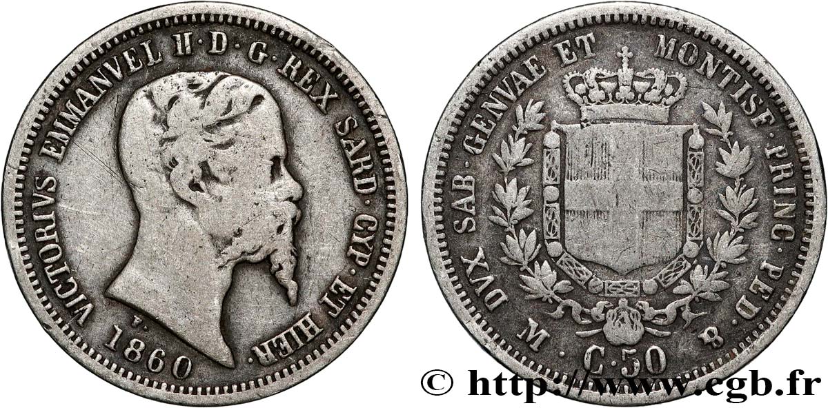 ITALIE - ROYAUME DE SARDAIGNE 50 Centesimi Victor Emmanuel II 1860 Milan TB 