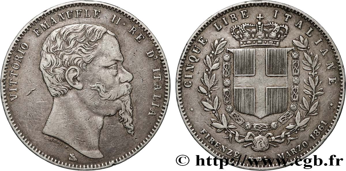 ITALIE - ROYAUME D ITALIE - VICTOR-EMMANUEL II 5 Lire 1861 Florence TB+ 