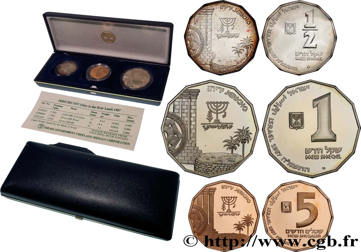 ISRAEL Série de 3 monnaies Jericho (or et argent) 1987  FDC 