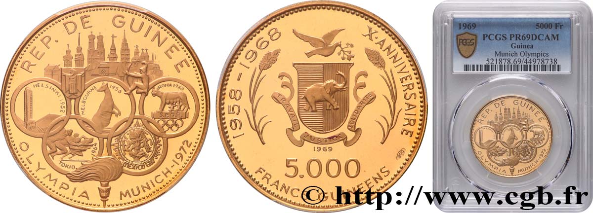 GUINEA 5000 Francs Proof J.O. de Munich 1969  MS69 PCGS