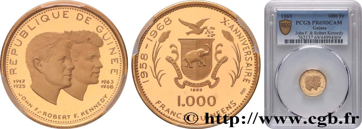 GUINEA 1000 Francs Proof John et Robert Kennedy 1969  MS69 PCGS