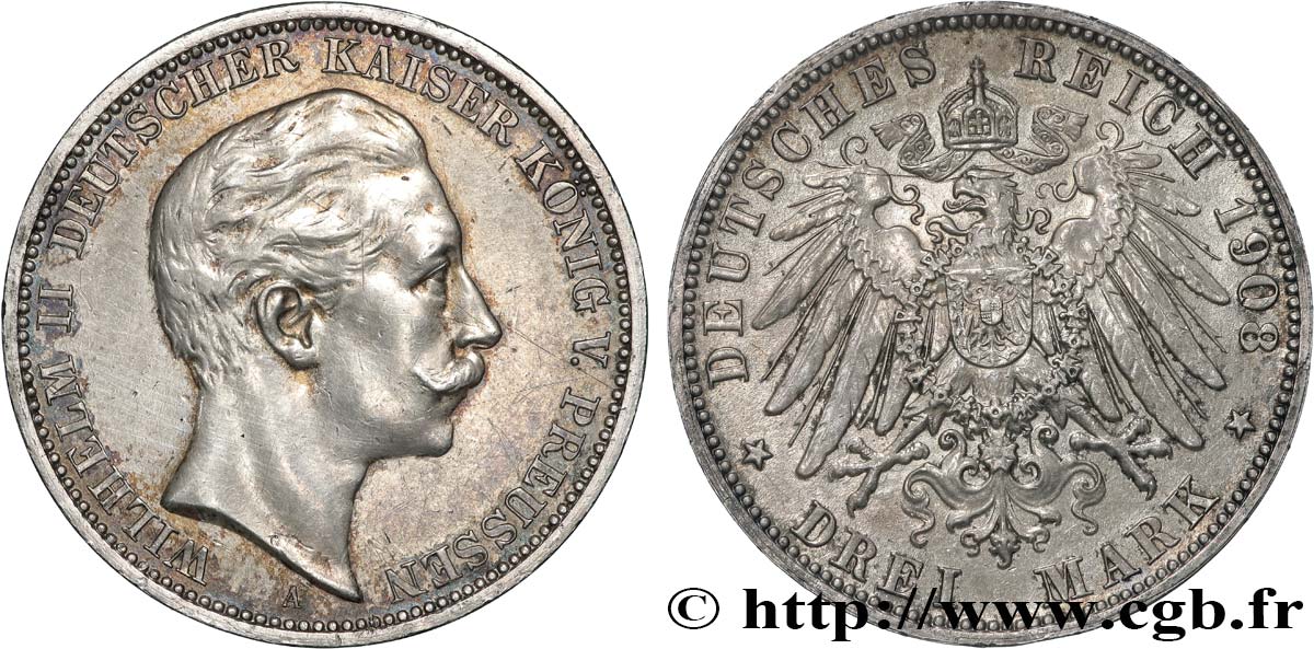 GERMANIA - PRUSSIA 3 Mark Guillaume II 1908 Berlin q.SPL 