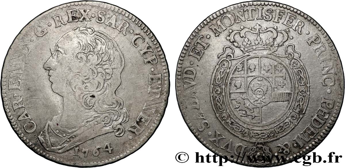 ITALY - KINGDOM OF SARDINIA - CHARLES EMMANUEL III 1/2 Scudo  1764 Turin VF 