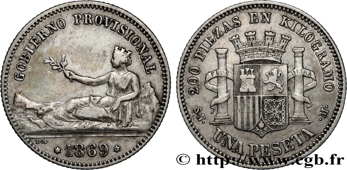 ESPAÑA 1 Peseta monnayage provisoire avec mention “Gobierno Provisional” 1869 Madrid MBC 