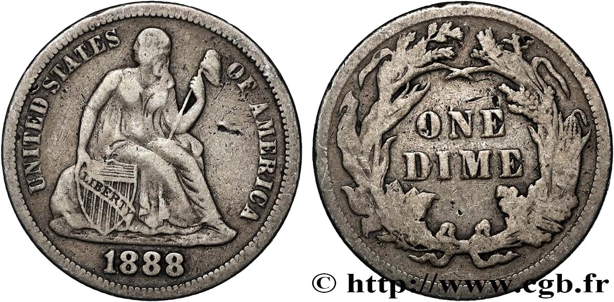 UNITED STATES OF AMERICA 1 Dime Liberté assise 1888 Philadelphie VF 