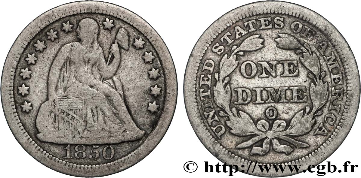 STATI UNITI D AMERICA 1 Dime (10 Cents) Liberté assise 1850 Nouvelle-Orléans q.BB 