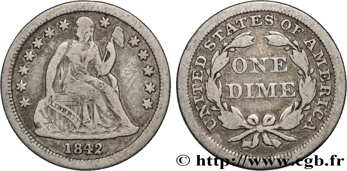 UNITED STATES OF AMERICA 1 Dime (10 Cents) Liberté assise 1842 Philadelphie VF 
