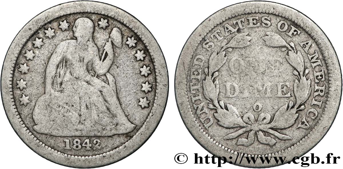 VEREINIGTE STAATEN VON AMERIKA Dime Liberté assise variété avec draperie 1842 Nouvelle-Orléans S 