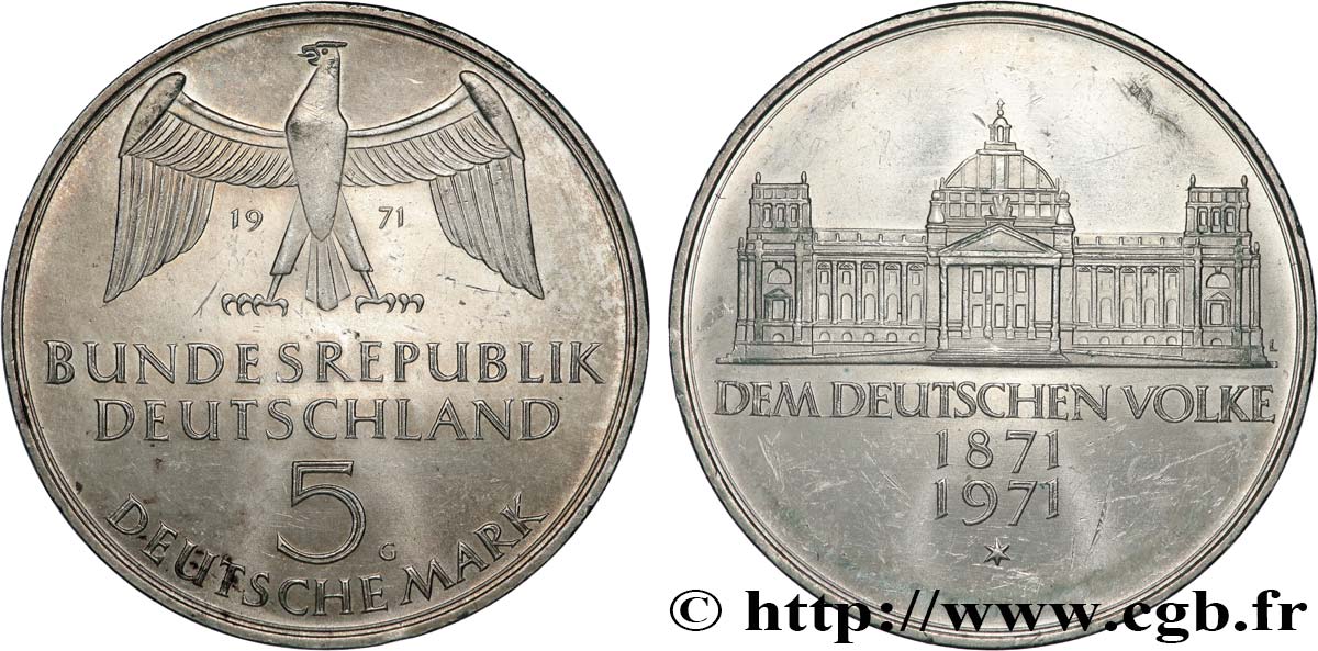 DEUTSCHLAND 5 Mark Proof Centenaire du parlement allemand 1971 Karlsruhe VZ 