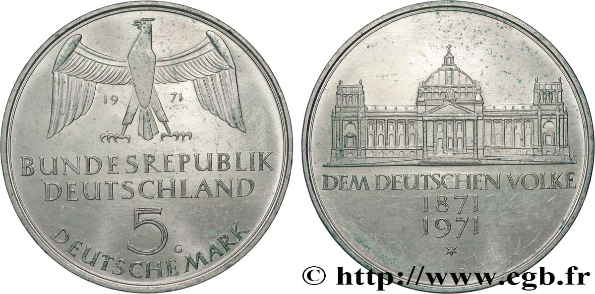 ALEMANIA 5 Mark Proof Centenaire du parlement allemand 1971 Karlsruhe EBC 