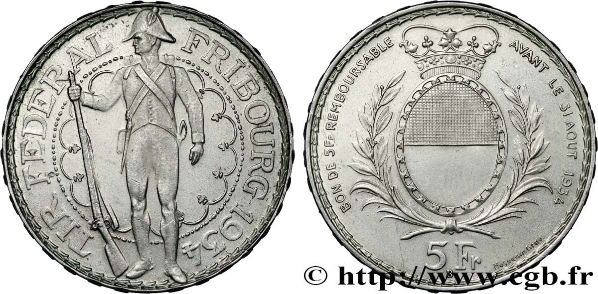 SCHWEIZ 5 Francs, monnaie de Tir, Fribourg 1934 Le Locle fVZ 
