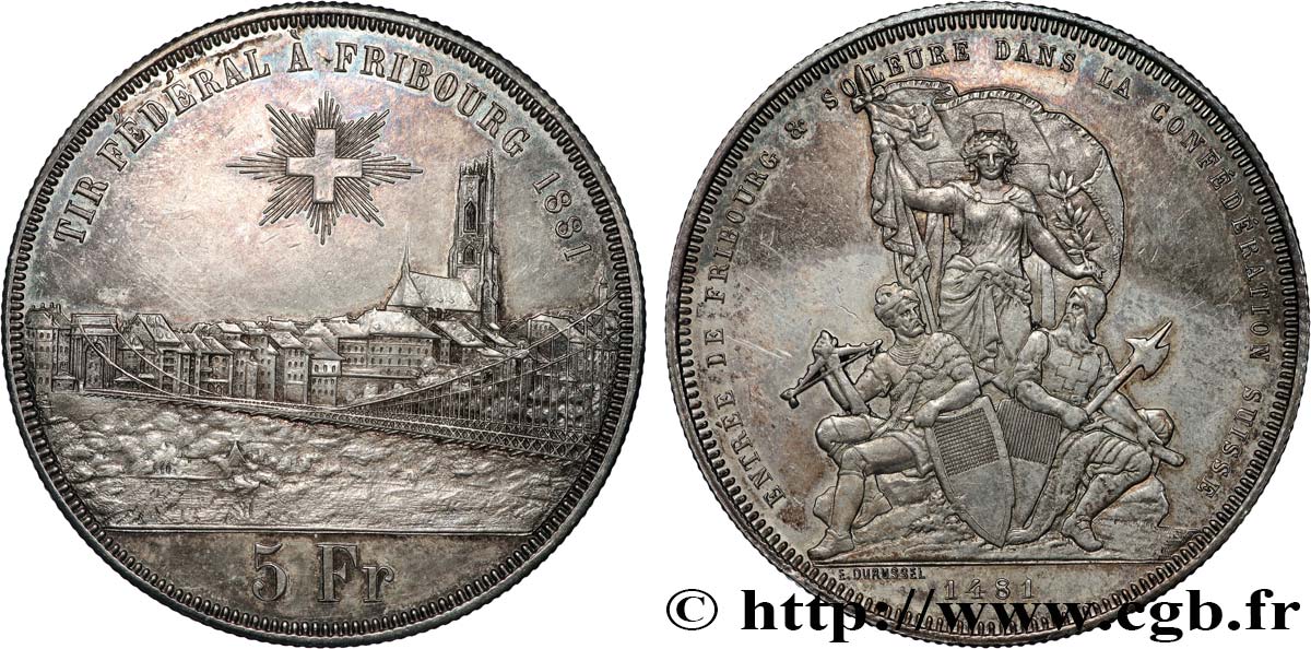 SVIZZERA  5 Francs, monnaie de Tir, Fribourg 1881  q.SPL 