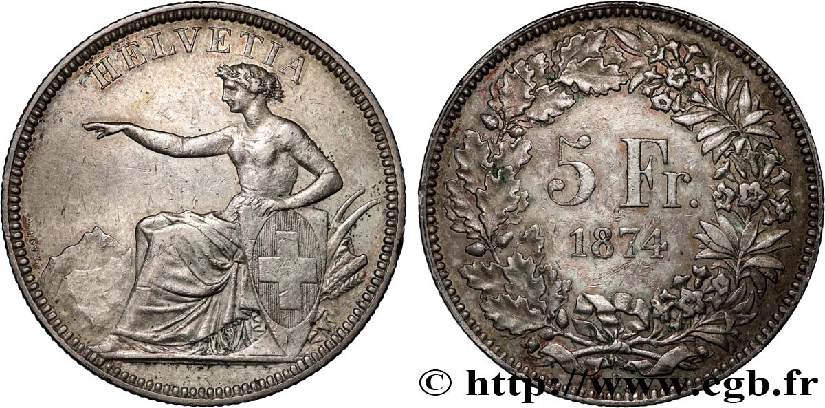 SUISSE 5 Francs Helvetia assise 1874 Bruxelles TTB 