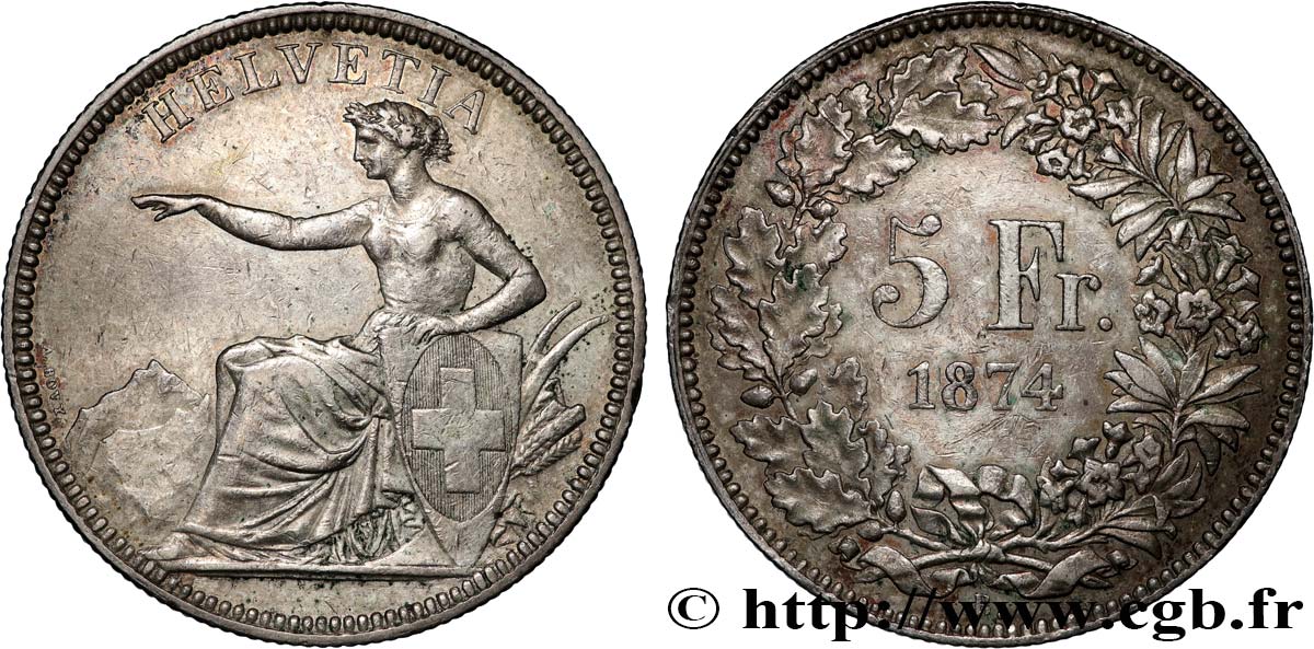 SWITZERLAND 5 Francs Helvetia assise 1874 Bruxelles XF 