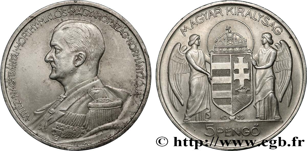 HONGRIE 5 Pengo Amiral Horthy 1939  TTB+ 