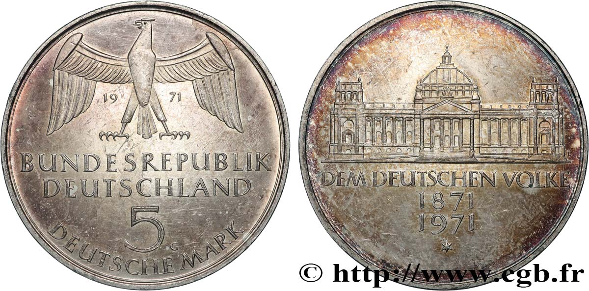 ALEMANIA 5 Mark Proof Centenaire du parlement allemand 1971 Karlsruhe EBC 