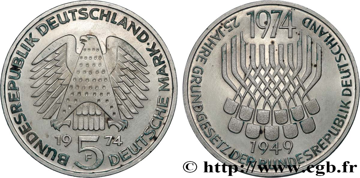 GERMANY 5 Mark Proof 25e anniversaire de la République Fédérale 1974 Stuttgart AU 
