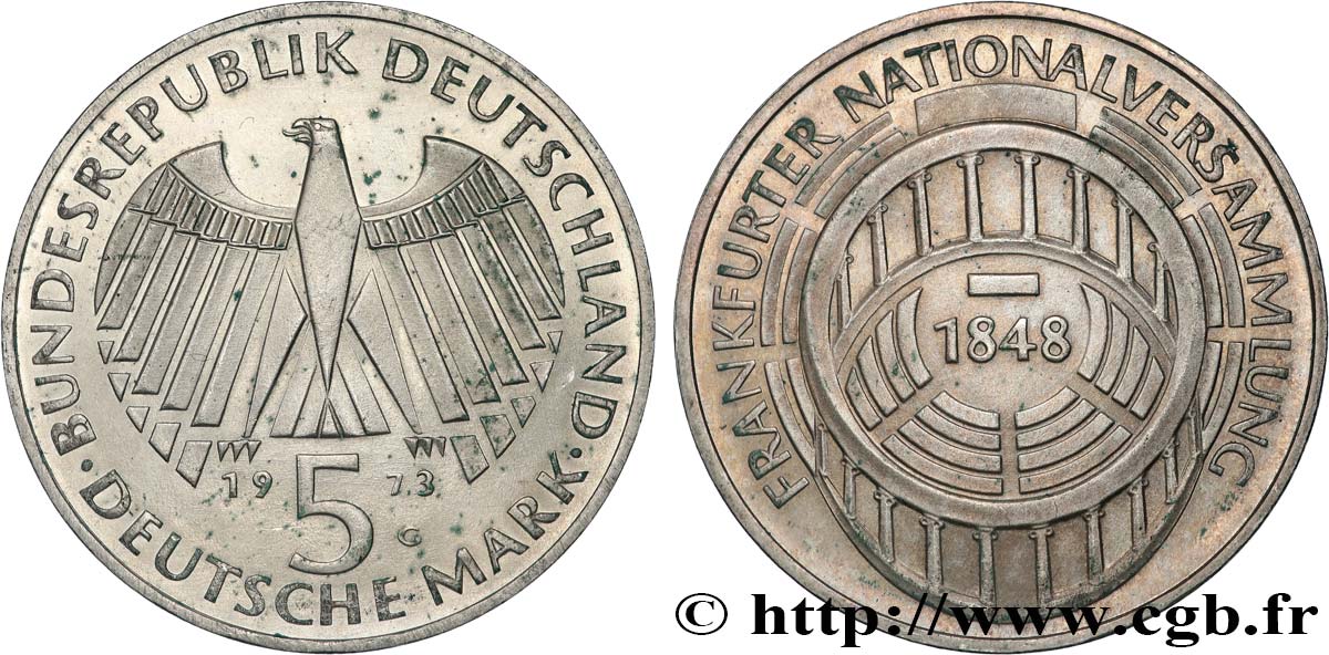 ALLEMAGNE 5 Mark Parlement de Francfort 1973 Karlsruhe SPL 