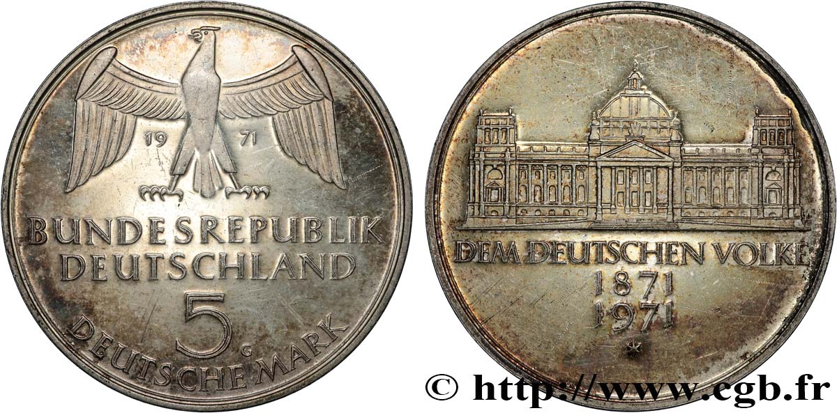 ALEMANIA 5 Mark Proof Centenaire du parlement allemand 1971 Karlsruhe EBC 