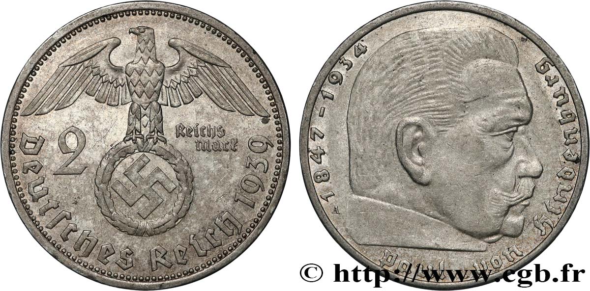 ALLEMAGNE 2 Reichsmark Maréchal Paul von Hindenburg 1939 Berlin TTB+ 