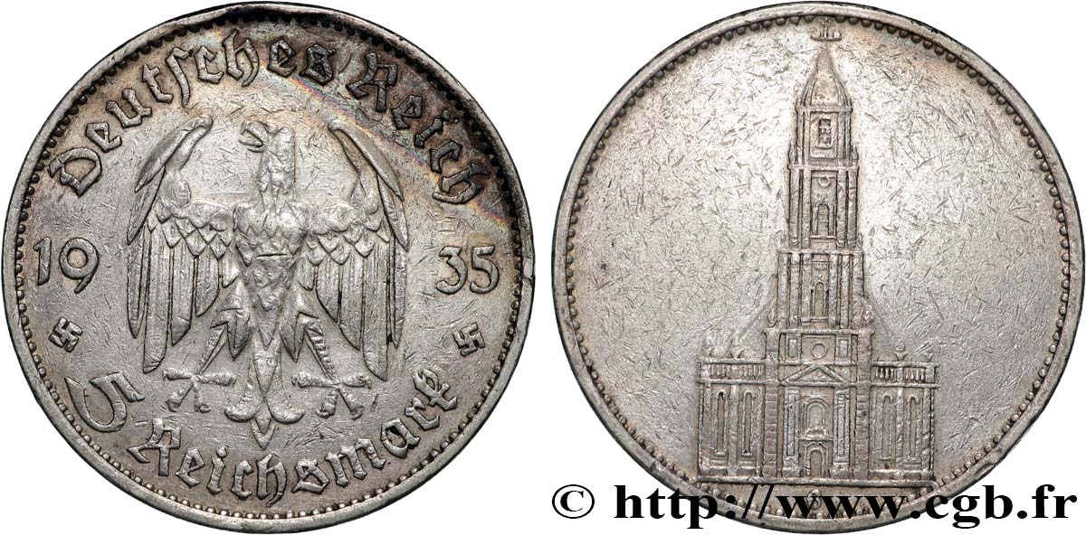 GERMANIA 5 Reichsmark église de la garnison de Potsdam 1935 Karlsruhe - G BB 