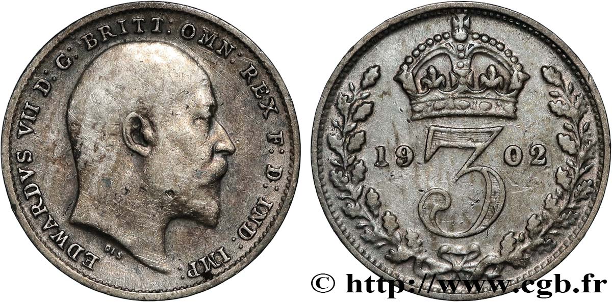 VEREINIGTEN KÖNIGREICH 3 Pence Edouard VII 1902  SS 