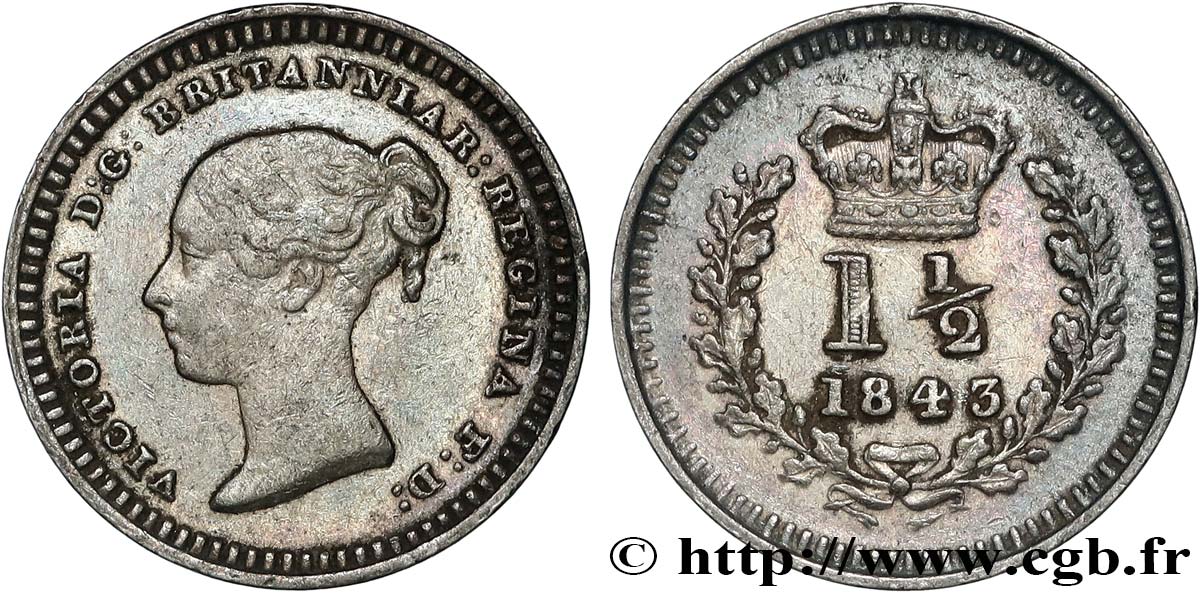 ROYAUME-UNI 1 1/2 Pence Victoria 1843  TTB 