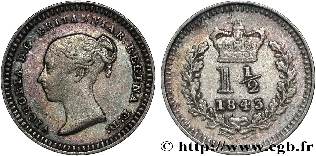 ROYAUME-UNI 1 1/2 Pence Victoria 1843  TTB 