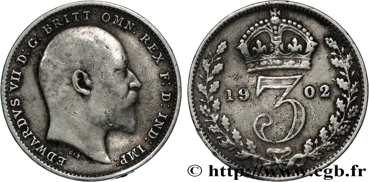 VEREINIGTEN KÖNIGREICH 3 Pence Edouard VII 1902  fSS 