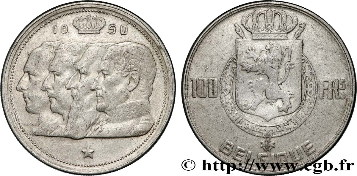 BELGIQUE 100 Francs portraits des quatre rois de Belgique, légende française 1950  TTB 