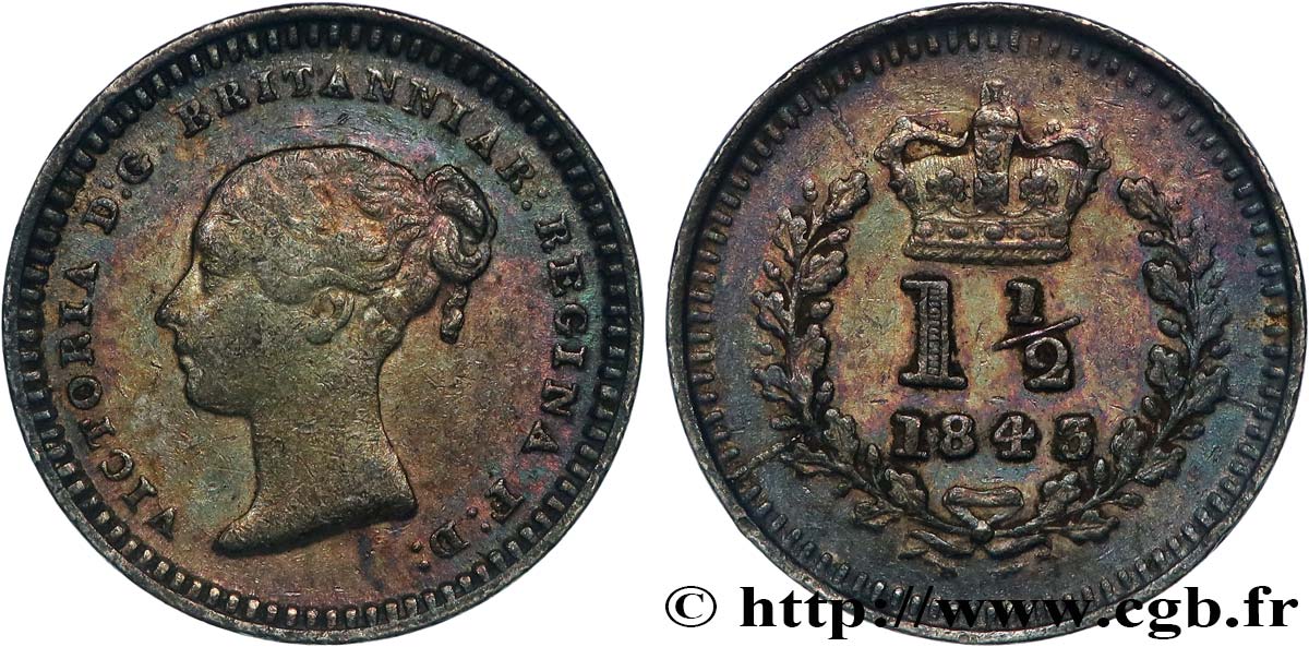 UNITED KINGDOM 1 1/2 Pence Victoria 1843  XF 