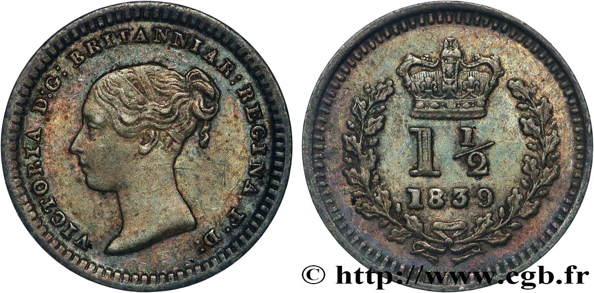 VEREINIGTEN KÖNIGREICH 1 1/2 Pence 1839 Londres fVZ 