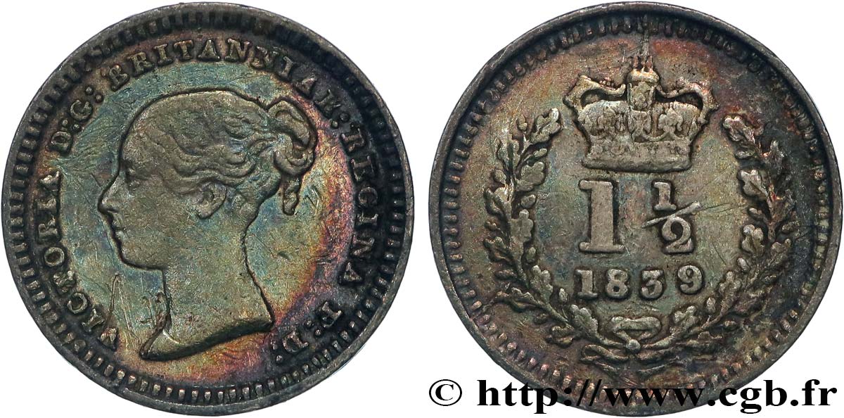 UNITED KINGDOM 1 1/2 Pence 1839 Londres XF 