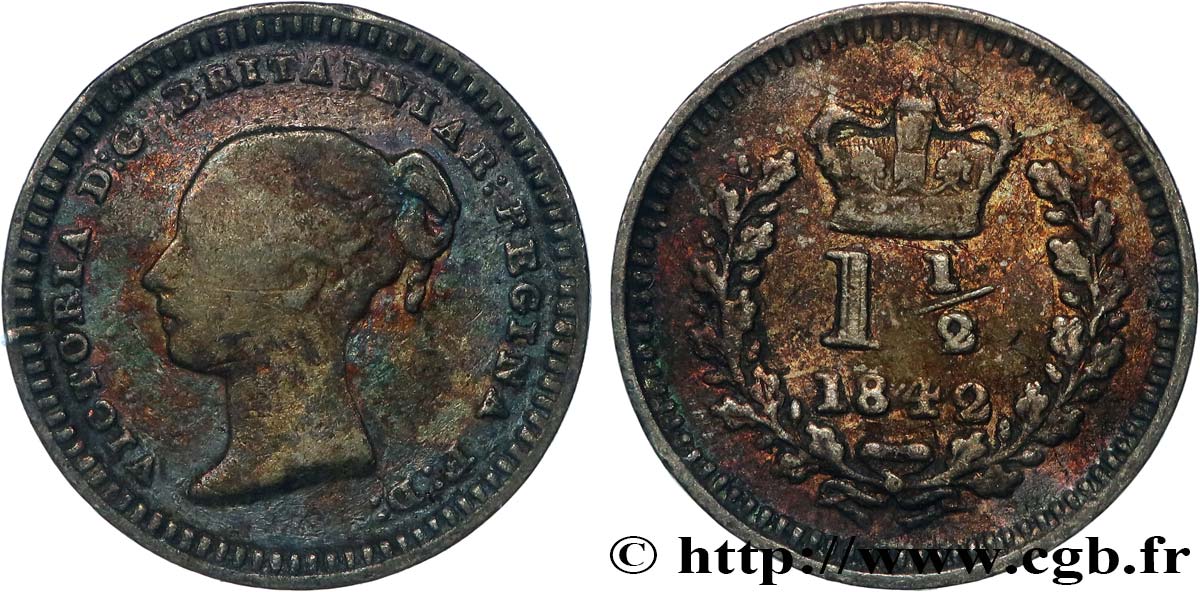 UNITED KINGDOM 1 1/2 Pence Victoria 1842  VF 