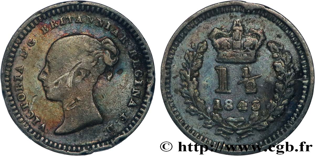 VEREINIGTEN KÖNIGREICH 1 1/2 Pence Victoria 1843  S 