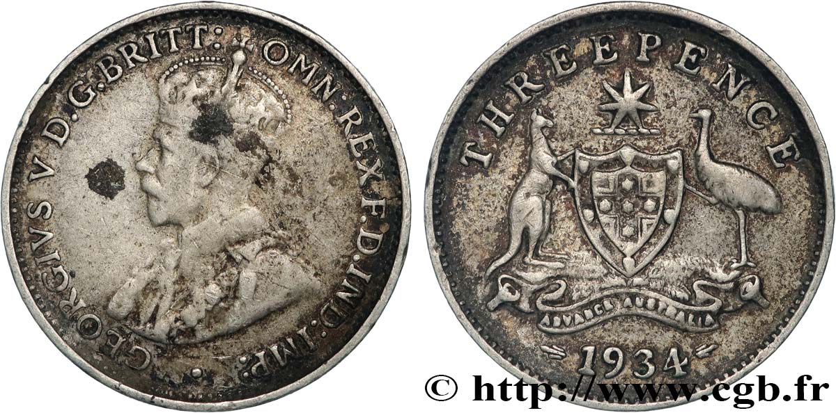 AUSTRALIE 3 Pence Georges V 1934  TB+ 