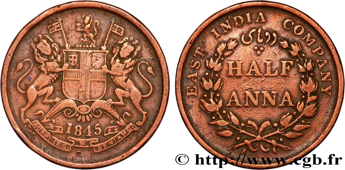 BRITISH INDIA 1/2 Anna East India Company 1845 Calcutta VF 