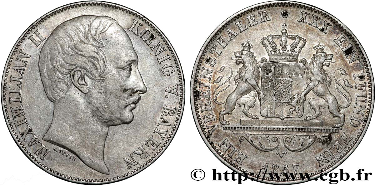 GERMANY - KINGDOM OF BAVARIA - MAXIMILIAN II JOSEPH Thaler  1857  XF 