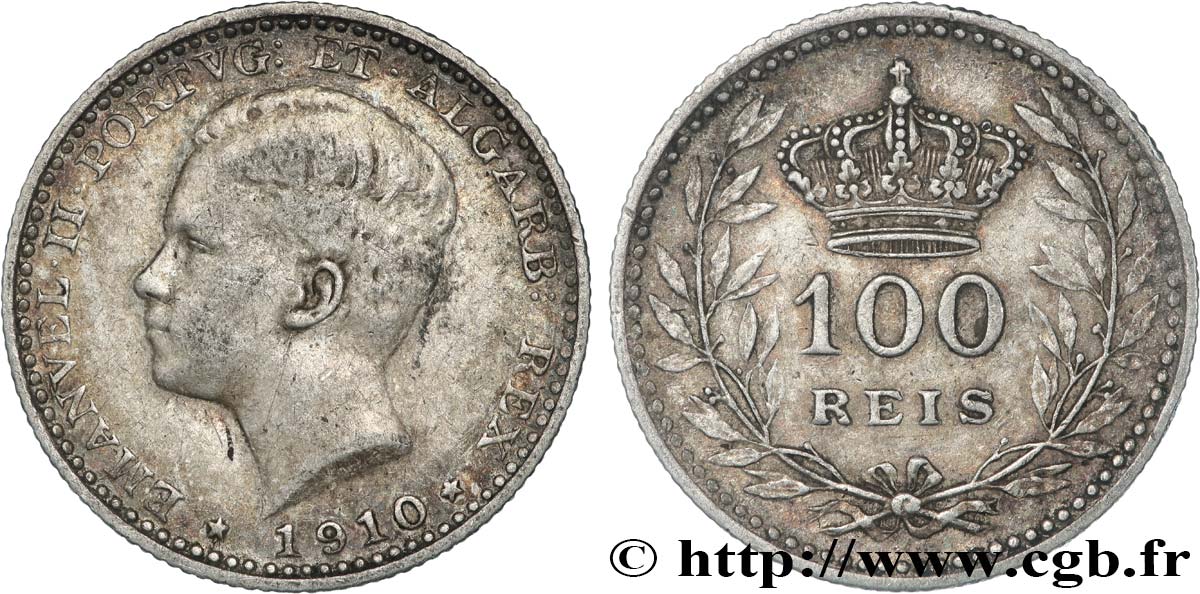 PORTUGAL 100 Reis Emmanuel II 1910  XF 