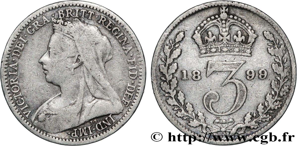 ROYAUME-UNI 3 Pence Victoria “Old Head” 1899  TB+ 