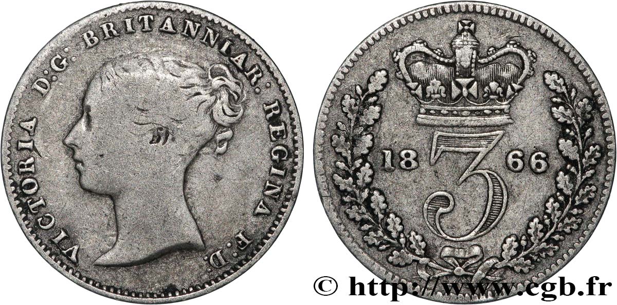 VEREINIGTEN KÖNIGREICH 3 Pence Victoria “Bun Head” 1866  fSS 