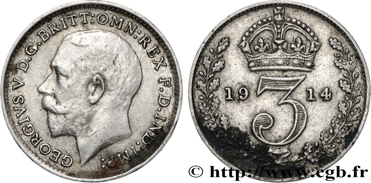 VEREINIGTEN KÖNIGREICH 3 Pence Georges V / couronne 1914  SS 