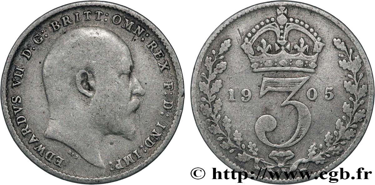 UNITED KINGDOM 3 Pence Edouard VII 1905  VF 