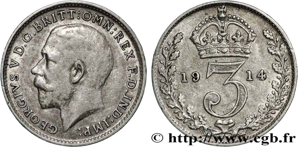 VEREINIGTEN KÖNIGREICH 3 Pence Georges V / couronne 1914  SS 