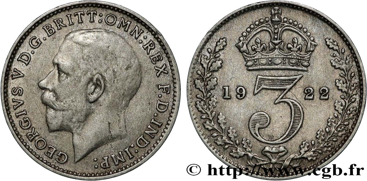 UNITED KINGDOM 3 Pence Georges V / couronne 1922  XF 