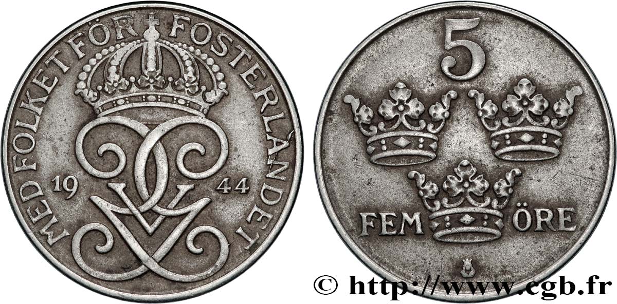 SUÈDE 5 Ore Gustave V 1944  TTB+ 
