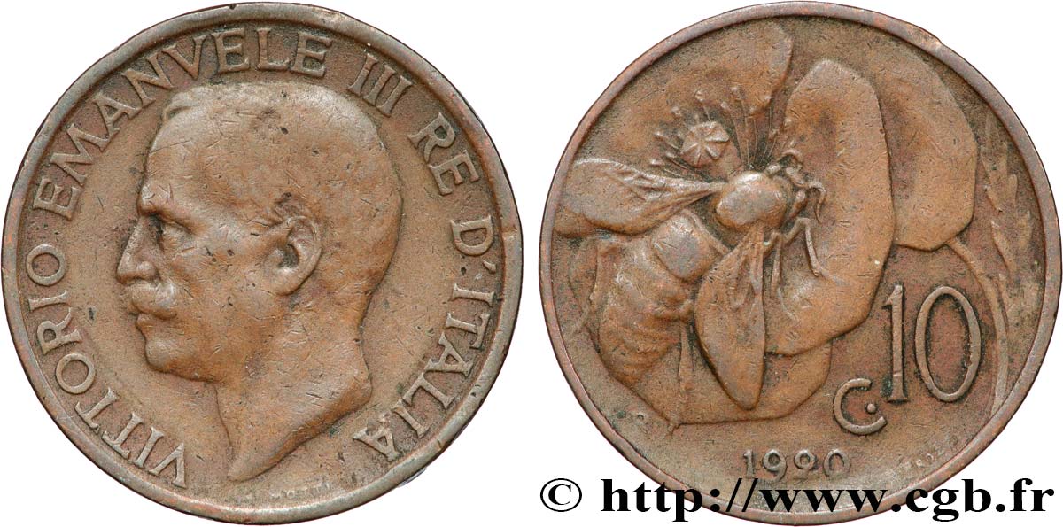 ITALIE 10 Centesimi Victor Emmanuel III 1920 Rome TB+ 