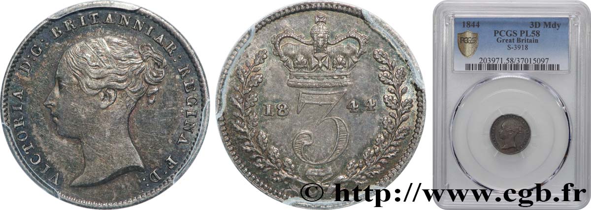 GRANDE BRETAGNE - VICTORIA 3 Pence (Maundy Set) Victoria tête jeune 1844 Londres SUP58 PCGS